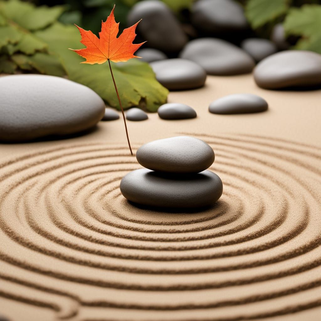 Serene Japanese Zen Garden with Maple Leaf in Soft Light