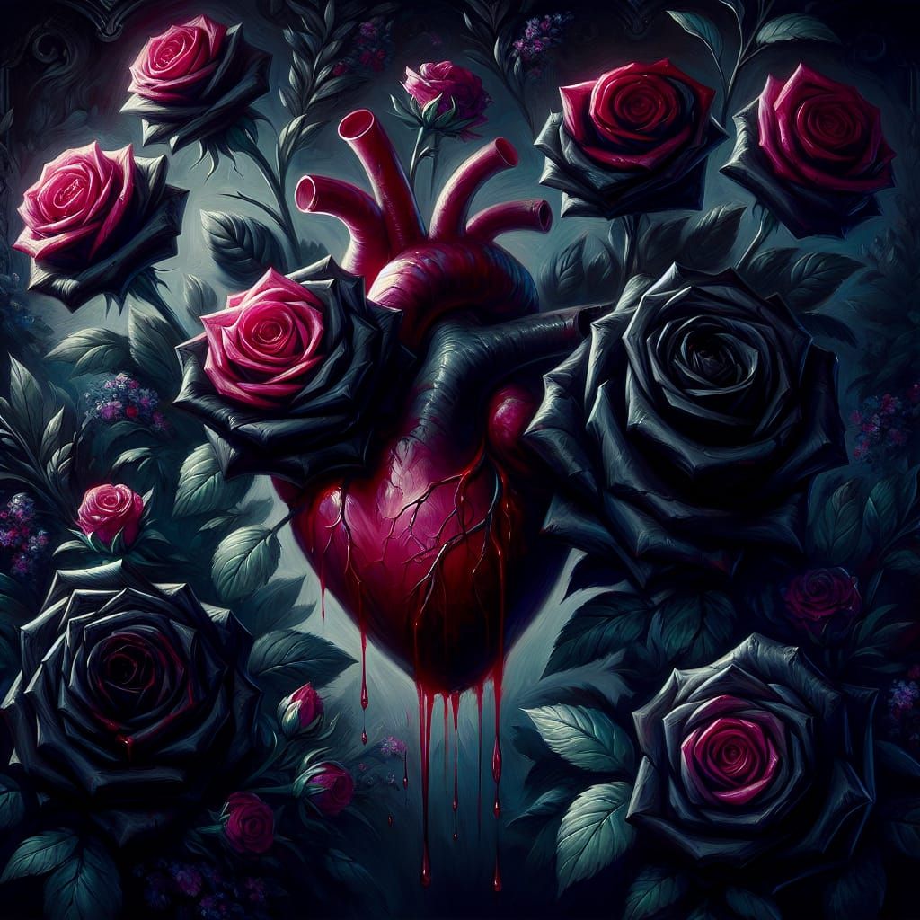 Black Roses Encircle Bleeding Heart in Gothic Style