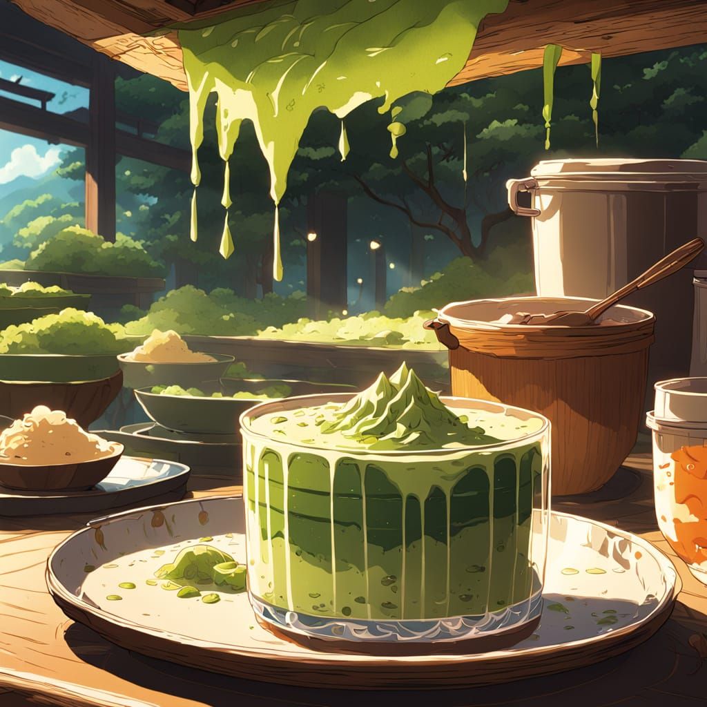 Matcha Pudding in a Dreamlike Anime Style