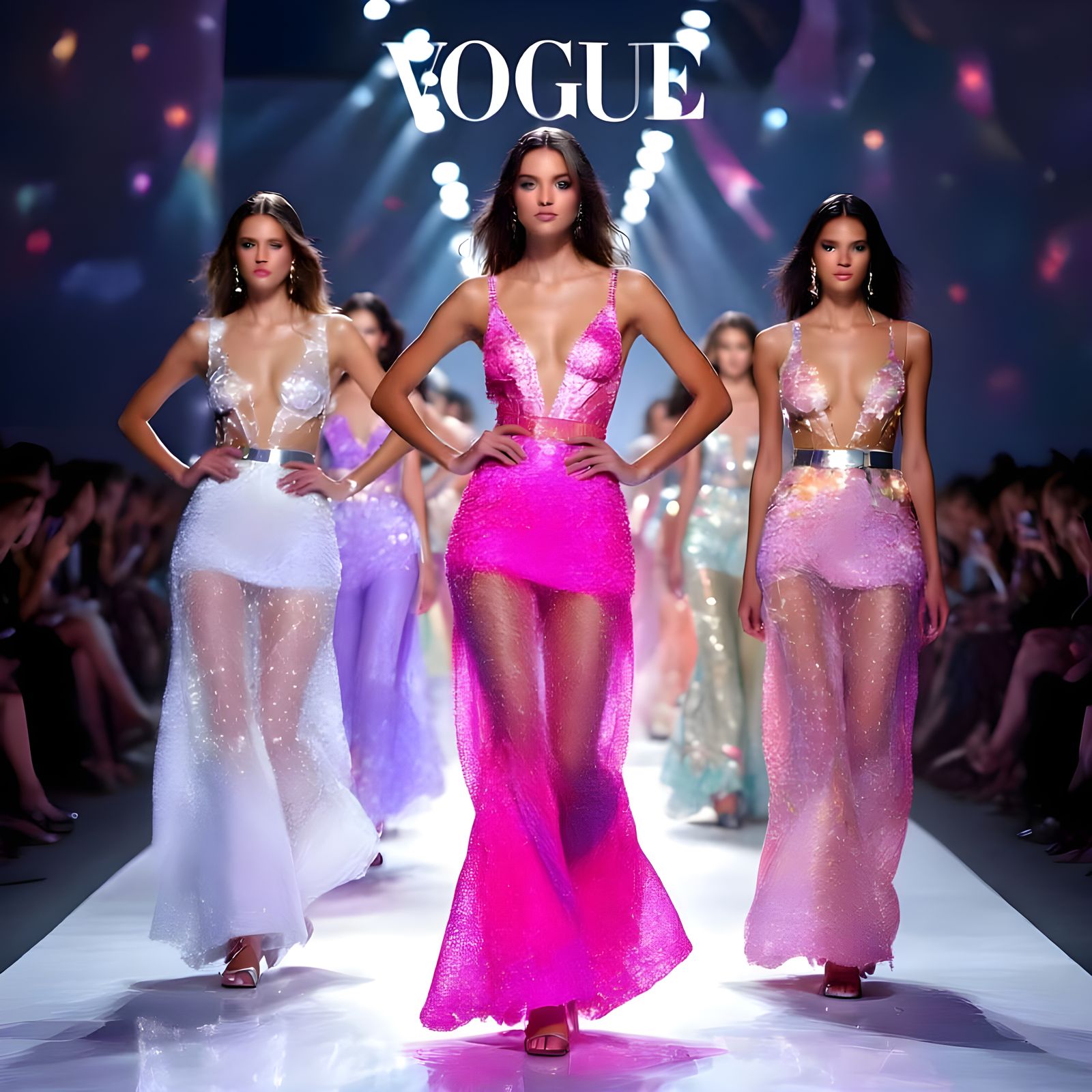 Vogue Models in Kaleidoscope Sheer Dresses