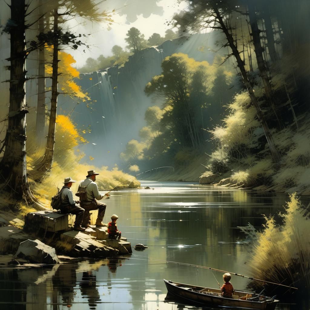 Father and Son Fishing: Detailed Illustration