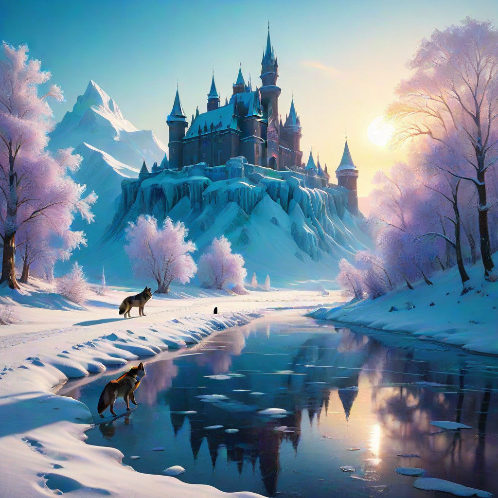 Epic Ice Castle Scene with a Majestic Wolf Couple