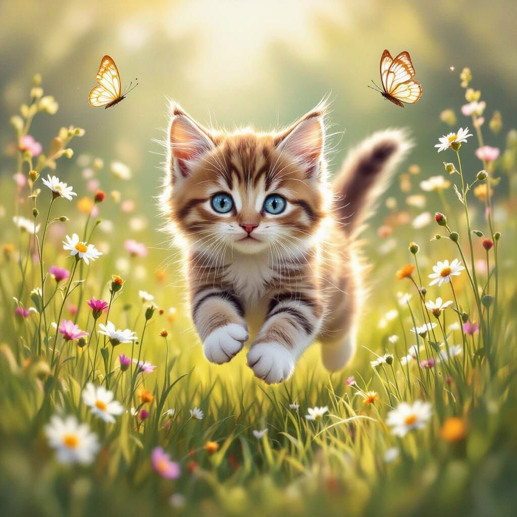 Playful Kitten Chases Butterfly in Sunlit Meadow