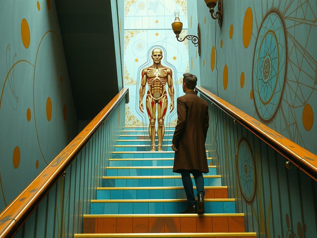 Surreal Staircase Encounter: A Transparent Man