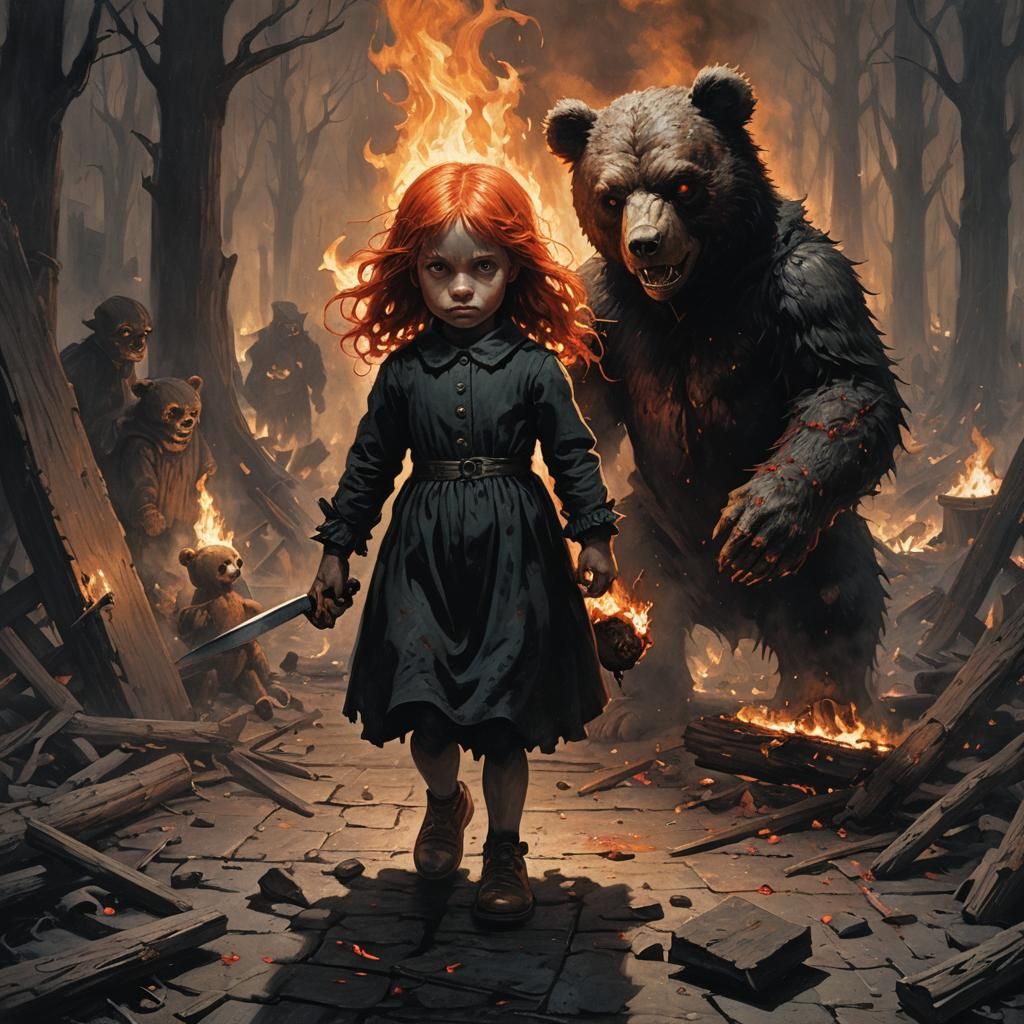 Sinister Red-Haired Girl with Savage Teddy Bear