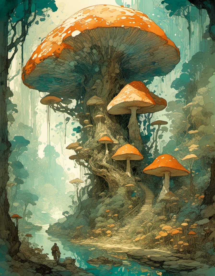 Mushroom Monster's Enigmatic Feast: A Digital Watercolor Fai...