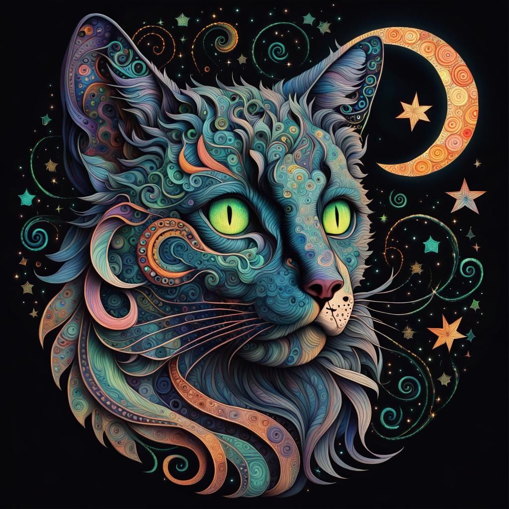 Celestial Cat Face Zentangle in Post-Impressionist Style