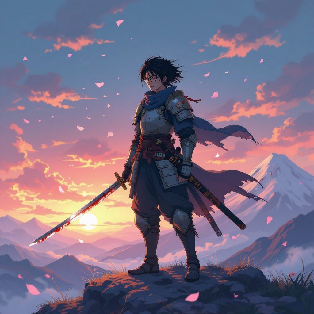 Anime Swordsman on Windswept Mountain with Cherry Blossoms