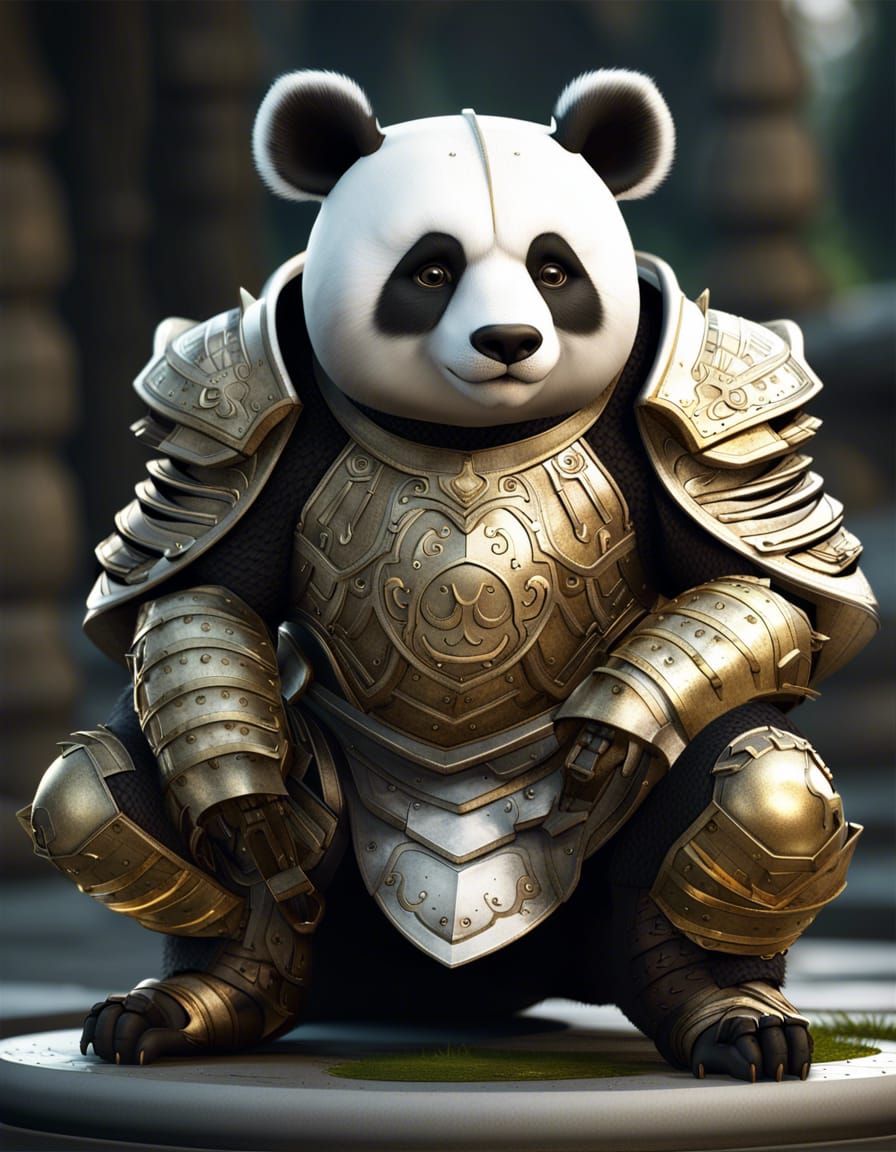 Armored Panda Bear Statue in Fantasy Art Style