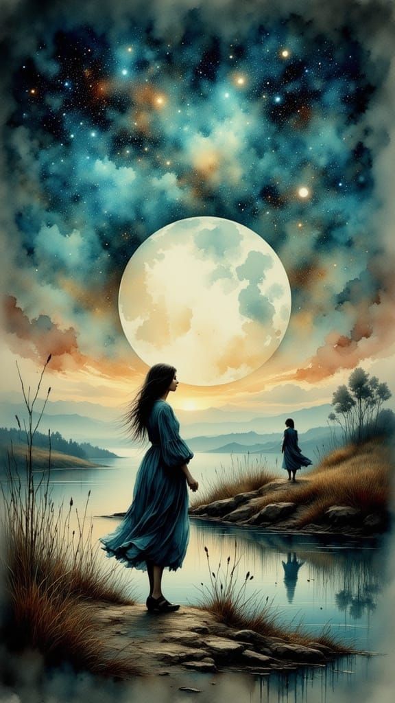 Sisters Support Each Other Under Starry Sky in Watercolor St...