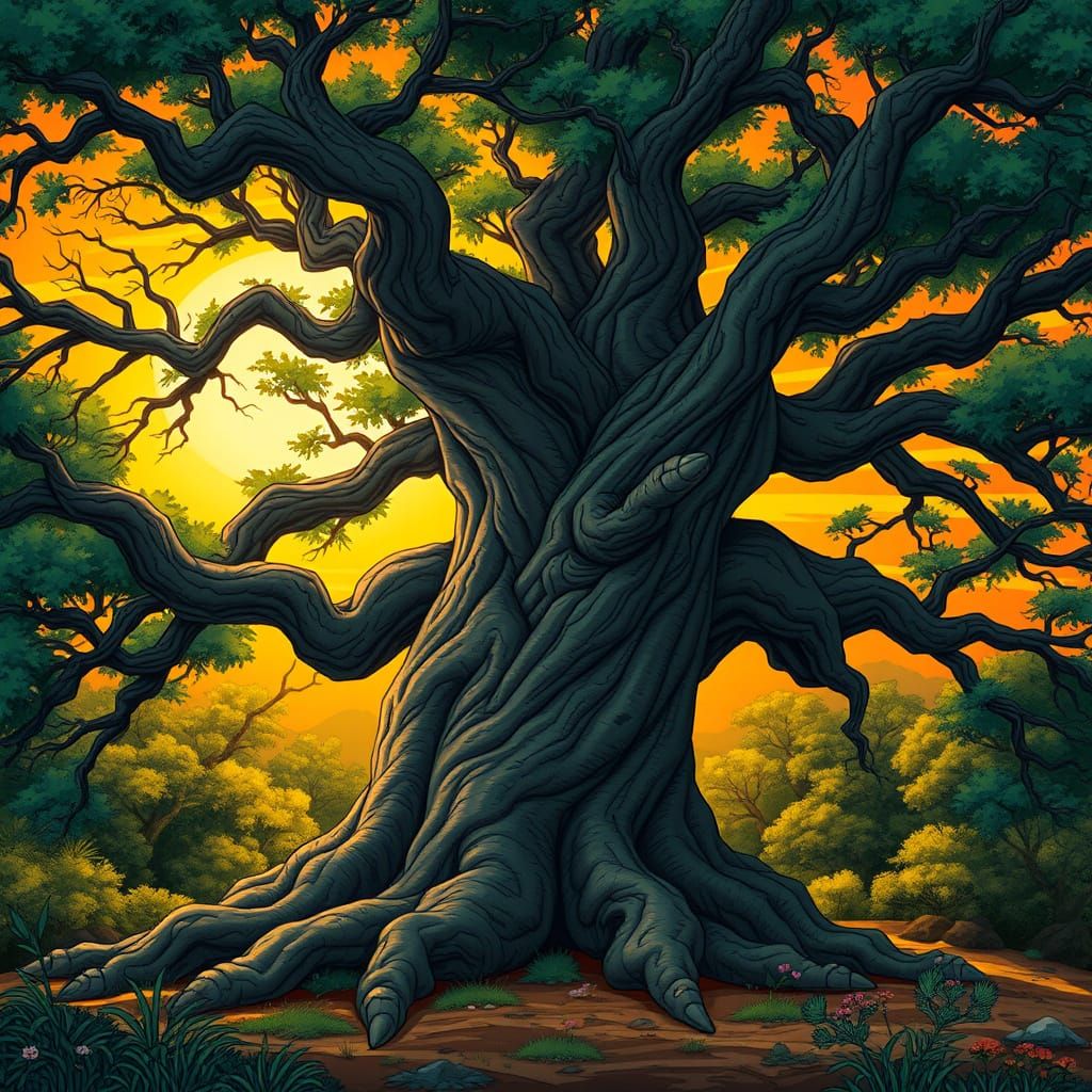 Whimsical Tree Silhouette Against Vibrant Sunset