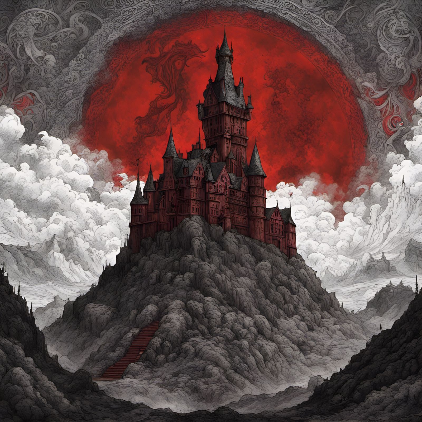 Mystic Horror Castle in Red Fog, Black Metal Style