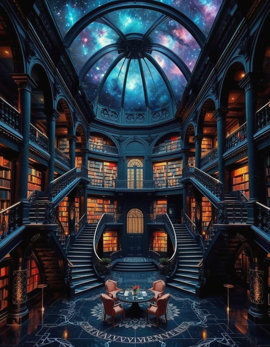 Vast Mystical Marble Library with Celestial Glass Ceiling