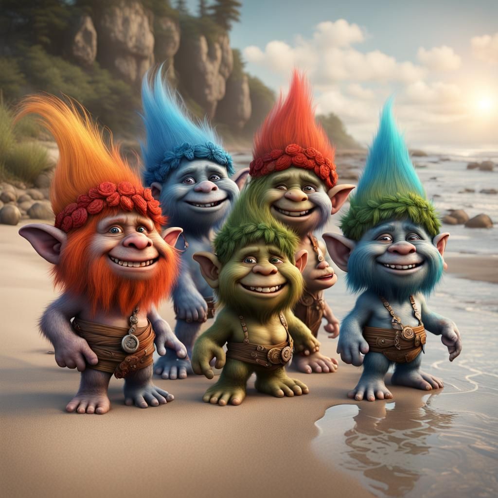 Hyperrealistic Trolls as Beach Boys, Detailed Art