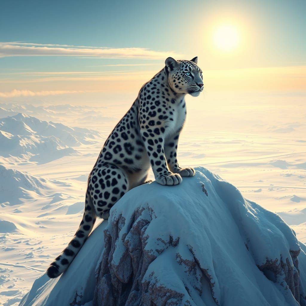 Snow Leopard on Snowy Peak in Hyperrealistic Style