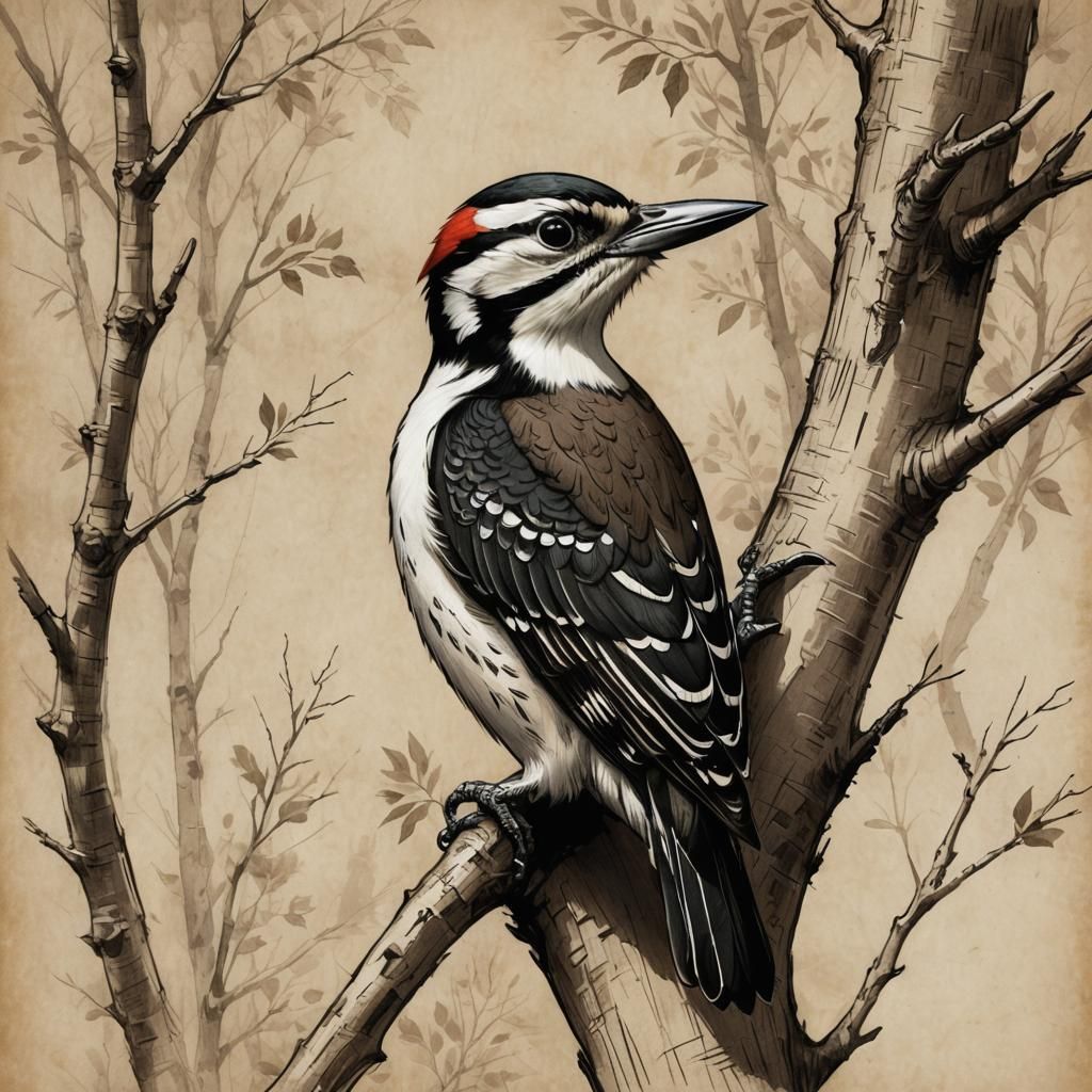 Woodpecker Sketch with Crosshatch Details