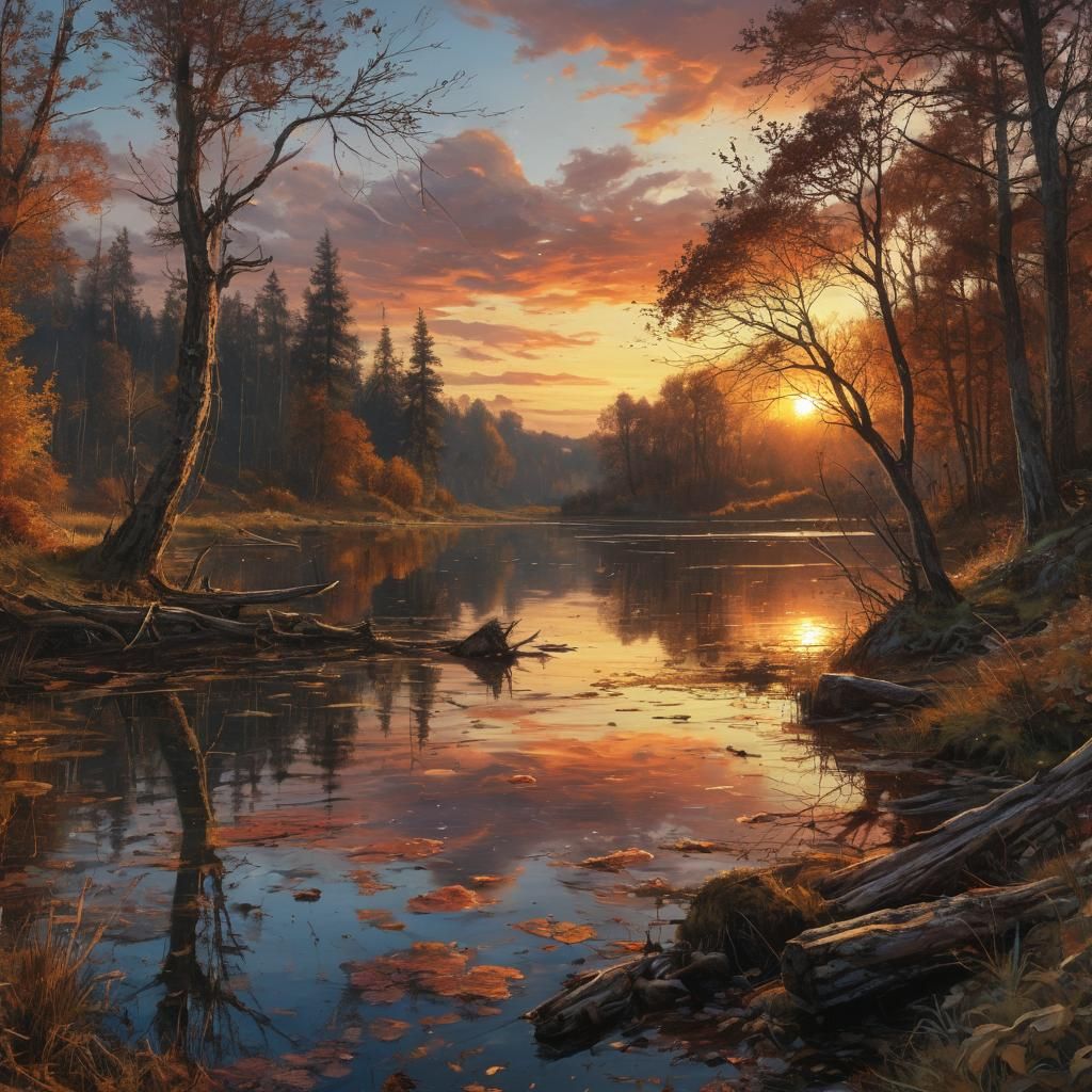 Autumn Sunset Lake: Detailed Oil Painting