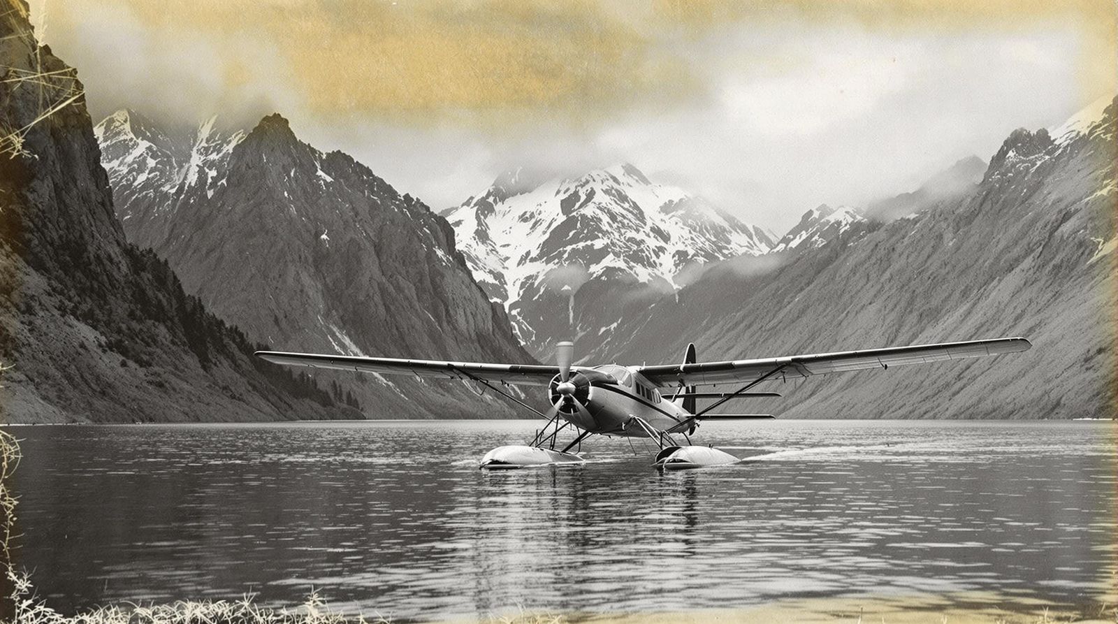 Vintage PBY Catalina Seaplane Lands on a Snowy Mountain Lake