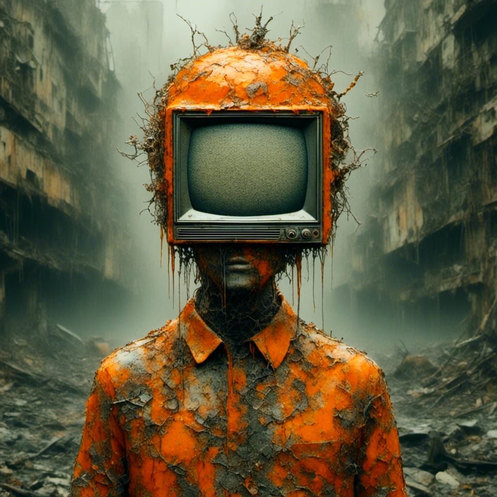 <lora:TVheads:1.0> <lora:TV Heads:1.0> <lora:Encaustic:1.0> TV head encaustic orange jumpsuit