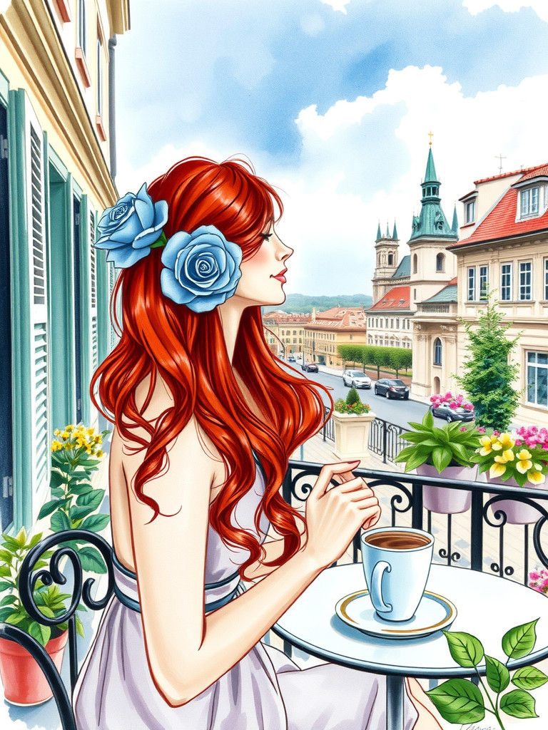 Watercolor Painting of Woman with Rose in Prague