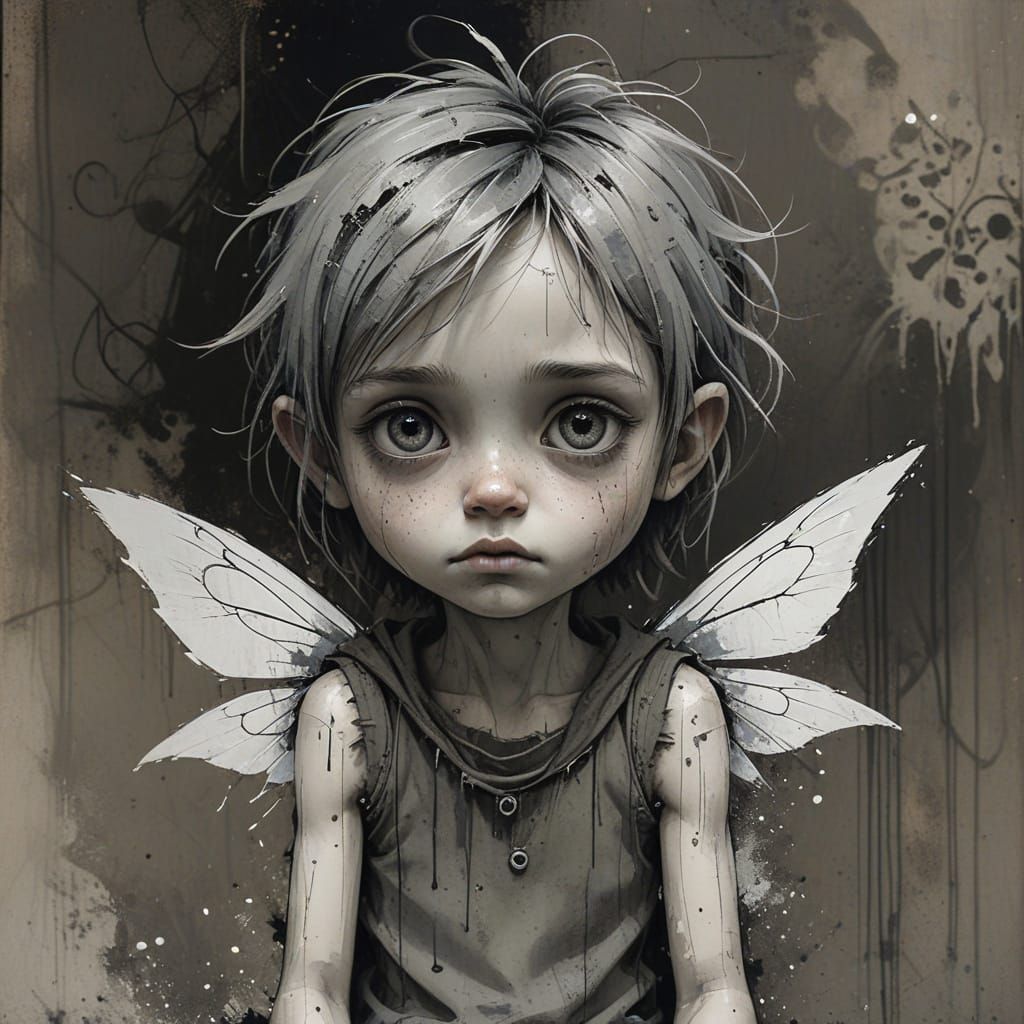 City Fairy in Despair, Charcoal Sketch Style