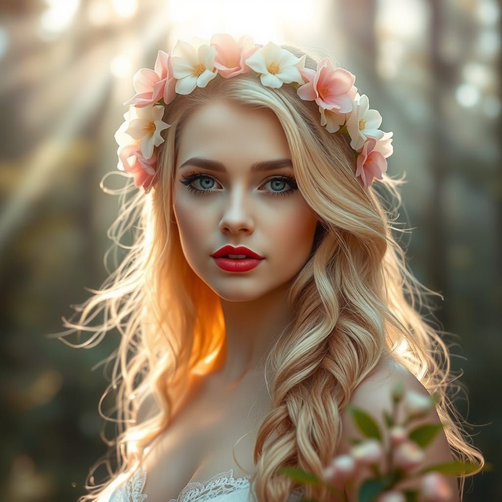 Ethereal Blonde Goddess Portrait in Dreamy Forest