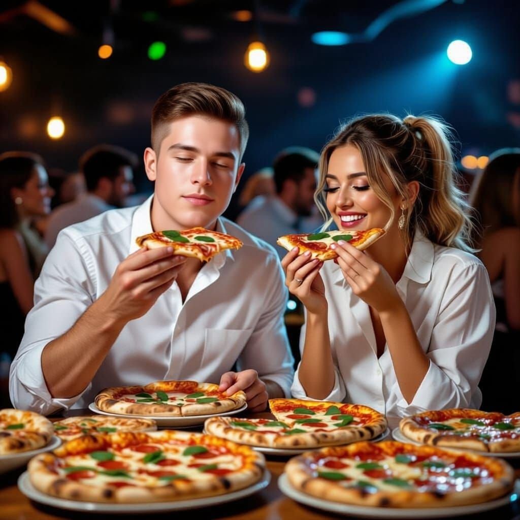 Joyful Couple Enjoying Pizza at a Lively Party