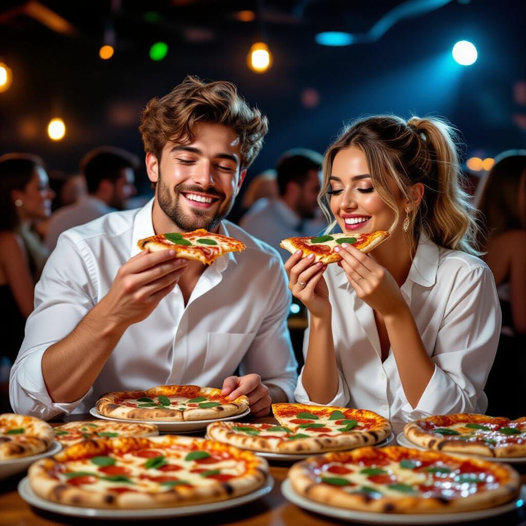 Joyful Couple Enjoying Pizza at a Lively Party