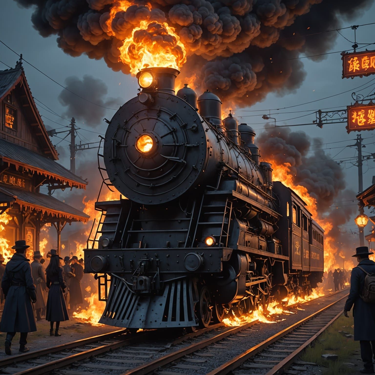 Flaming Ghost Train at Haunted Carnival: 3D Anime Art