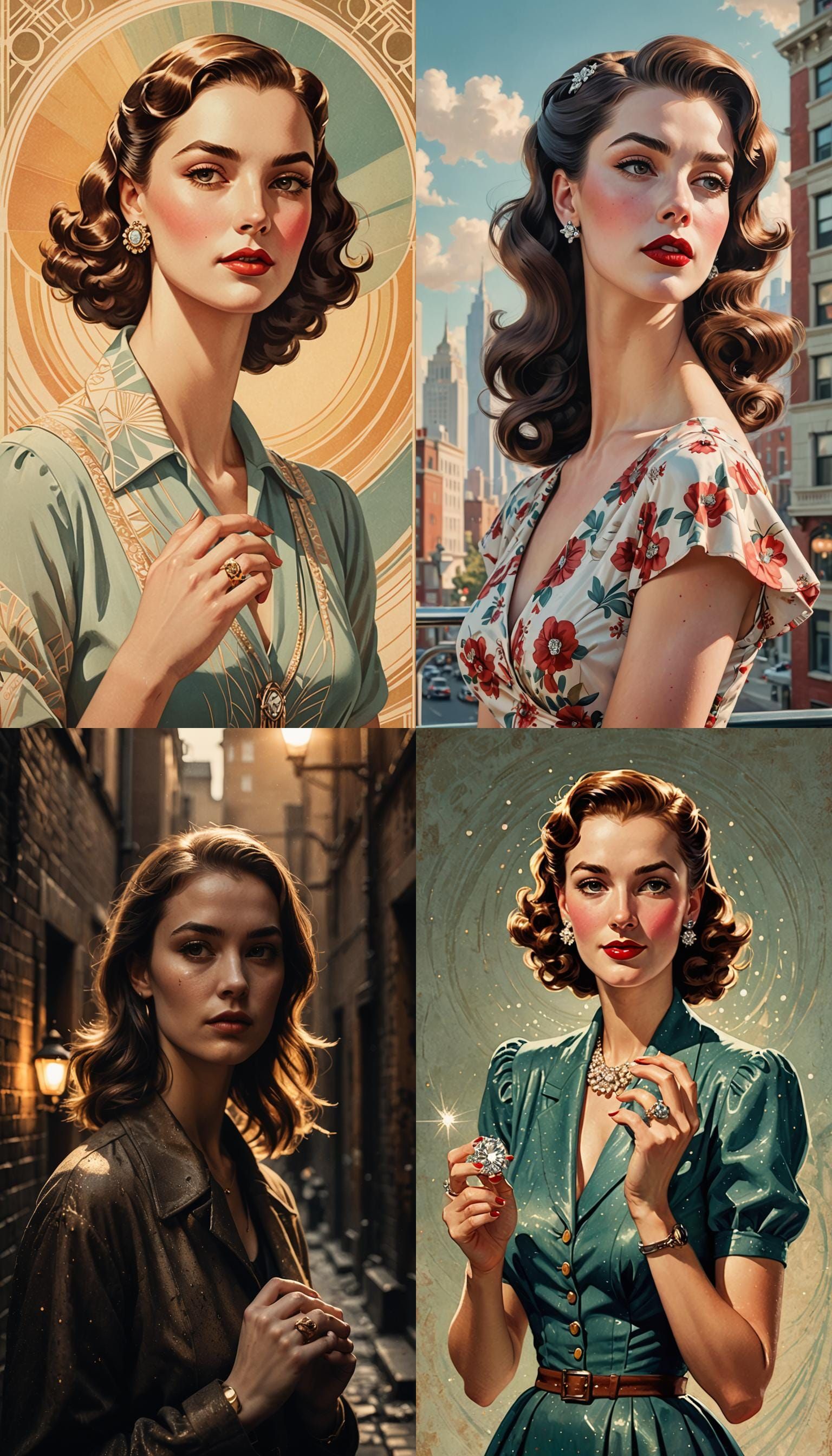 Vintage 1940s Illustration of Woman Holding Ring