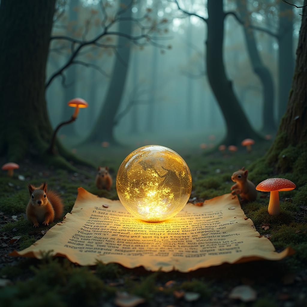 Luminescent Globe on Parchment in Misty Forest