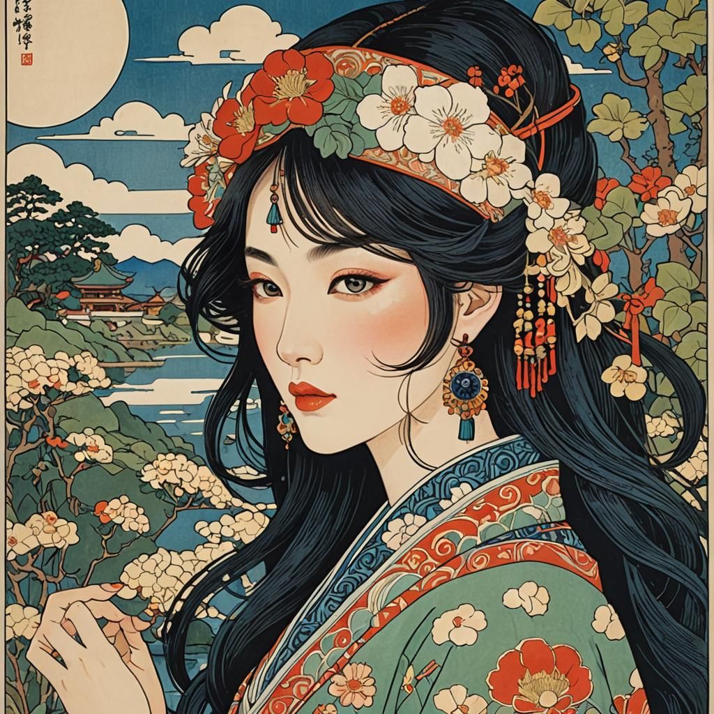 Japanese Girl Illustration in Bilibin Style
