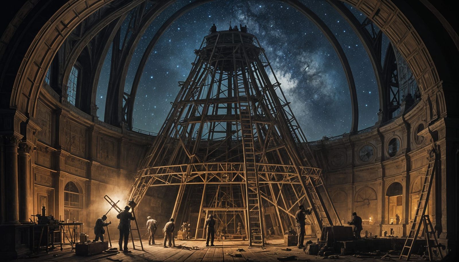 Historic Telescope Restoration in a Starry Night Scene