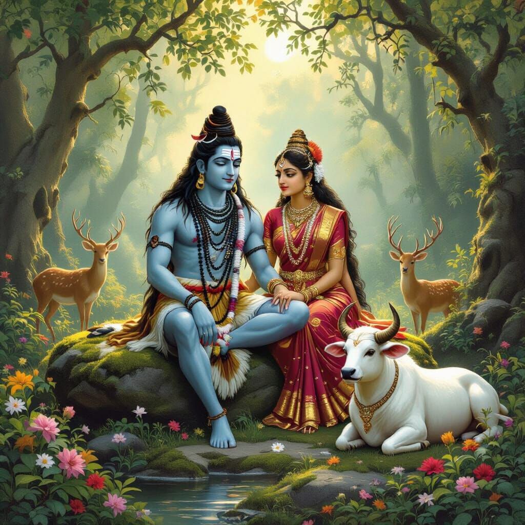 Shiva and Parvati in Enchanted Forest, Digital Art