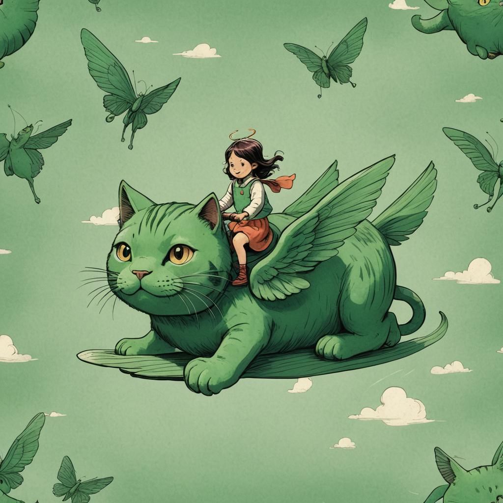 Girl Rides Giant Green Winged Cat