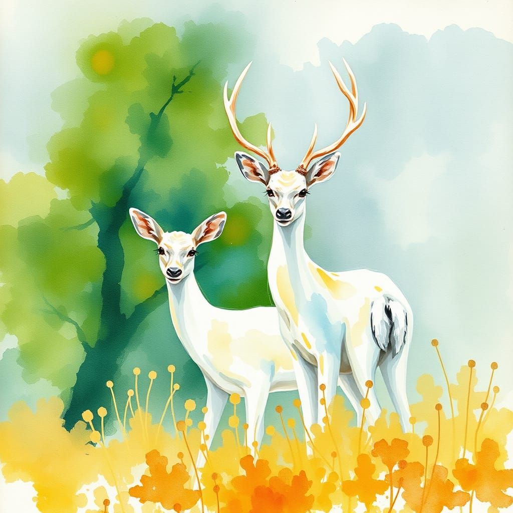 White Deer in Watercolour, Impressionistic Landscape
