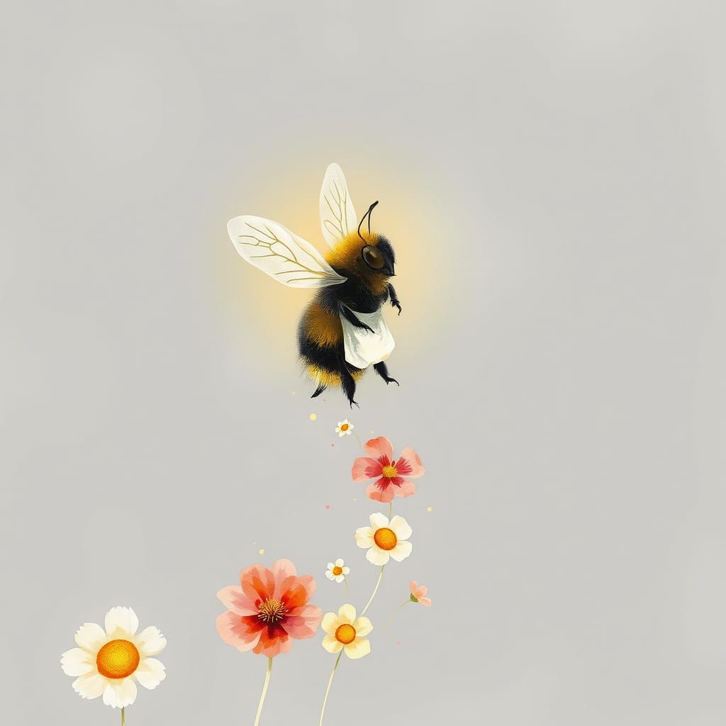 Whimsical Bumblebee Spreads Joyful Blooms in a Monochromatic...