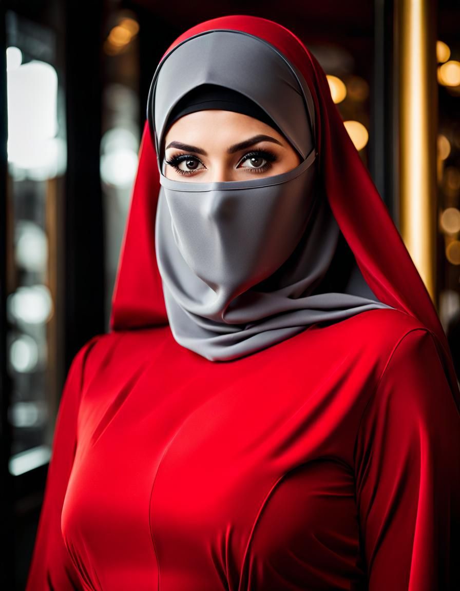 Elegant Art Deco Portrait of Woman in Red Niqab