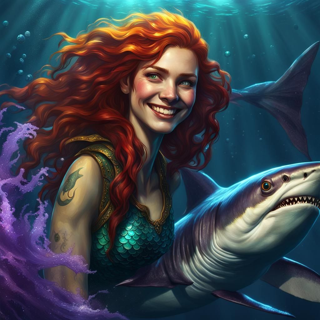 Redhead Mermaid with Shark Pet: Dark Fantasy Art