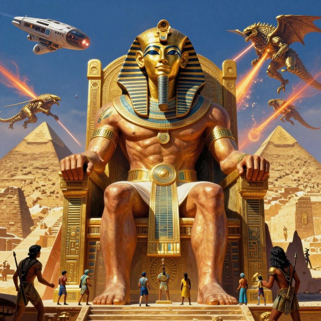 Colossal Deity on Throne, Sci-Fi Egyptian Battle