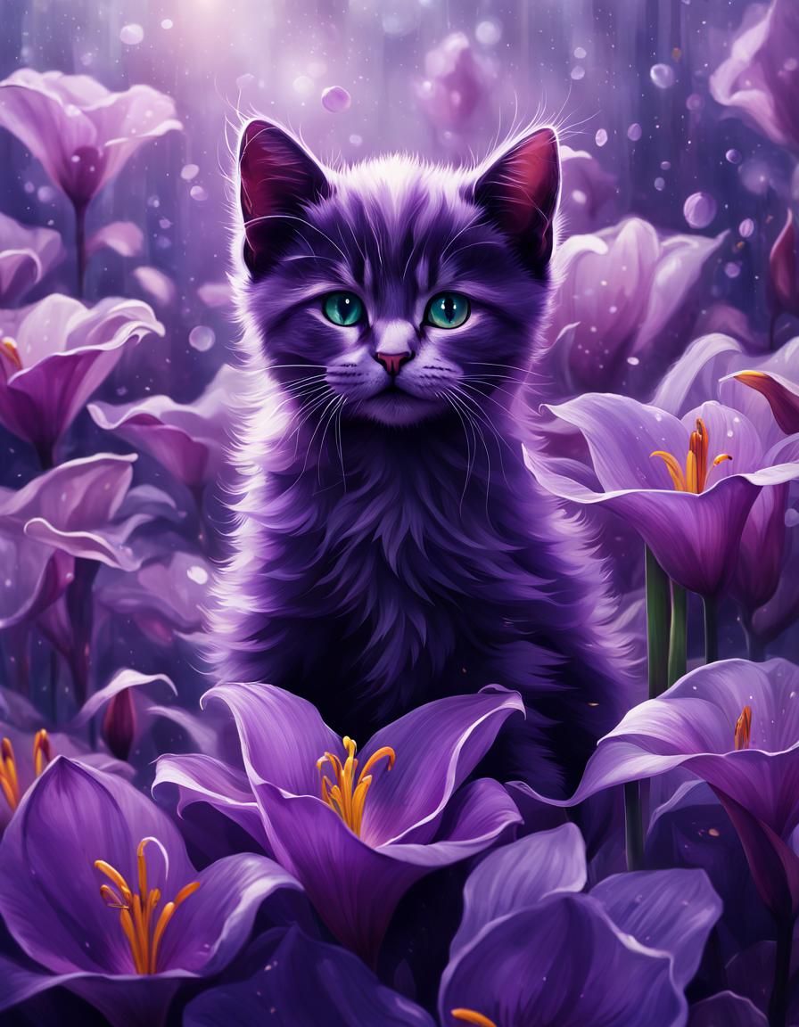 Crying Kitten in Purple Lily, Art Nouveau Style