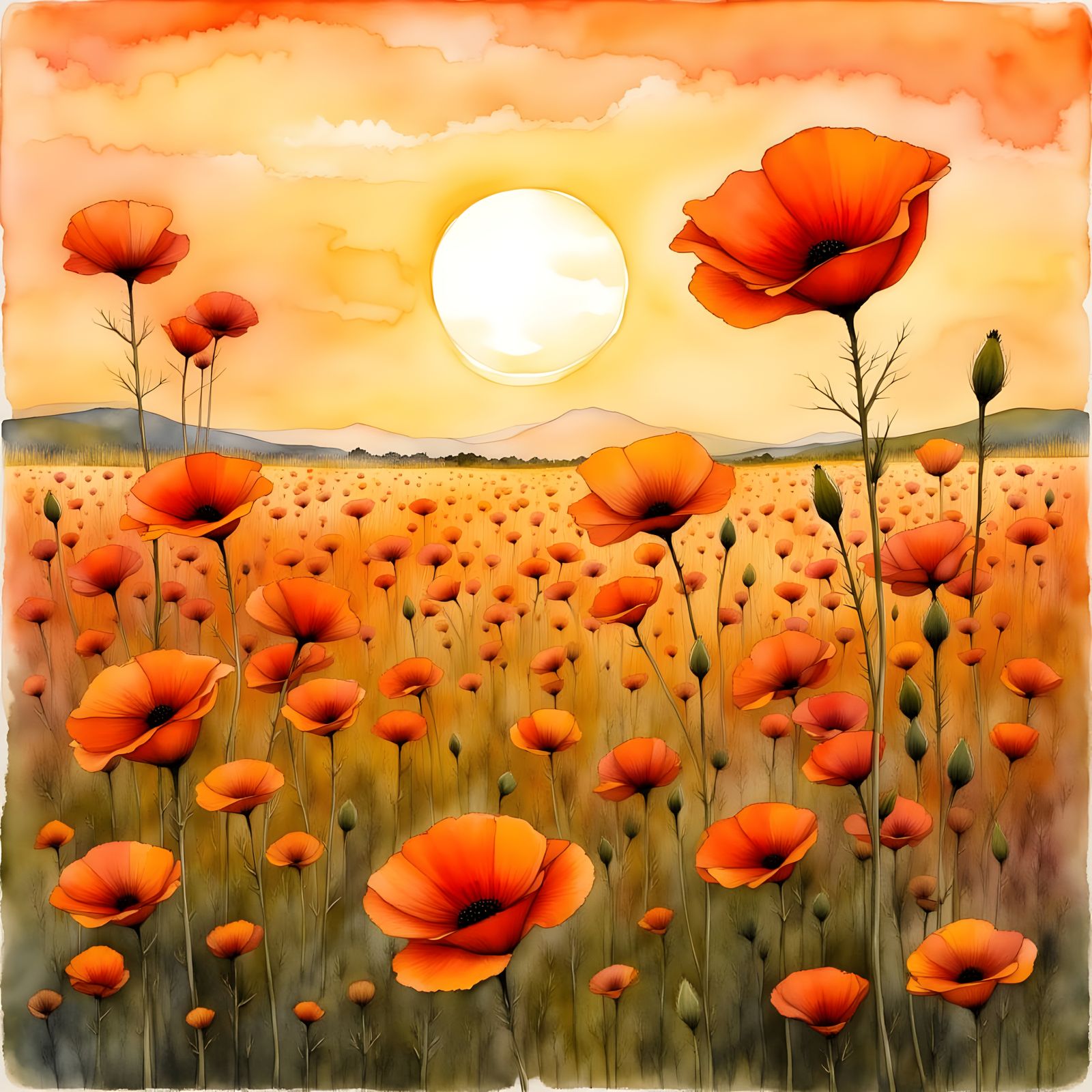 Sunset Poppy Field in Watercolor Ink Style