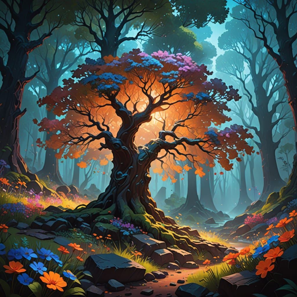 Majestic Tree in Mystical Forest, Pop Art Style