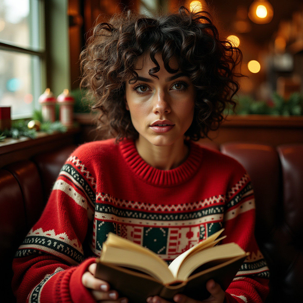 Confident Woman Reading in Christmas Cafe