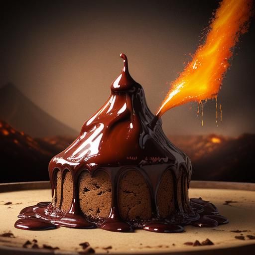 Hyperrealistic Volcano Erupting Hot Fudge on Cookie People
