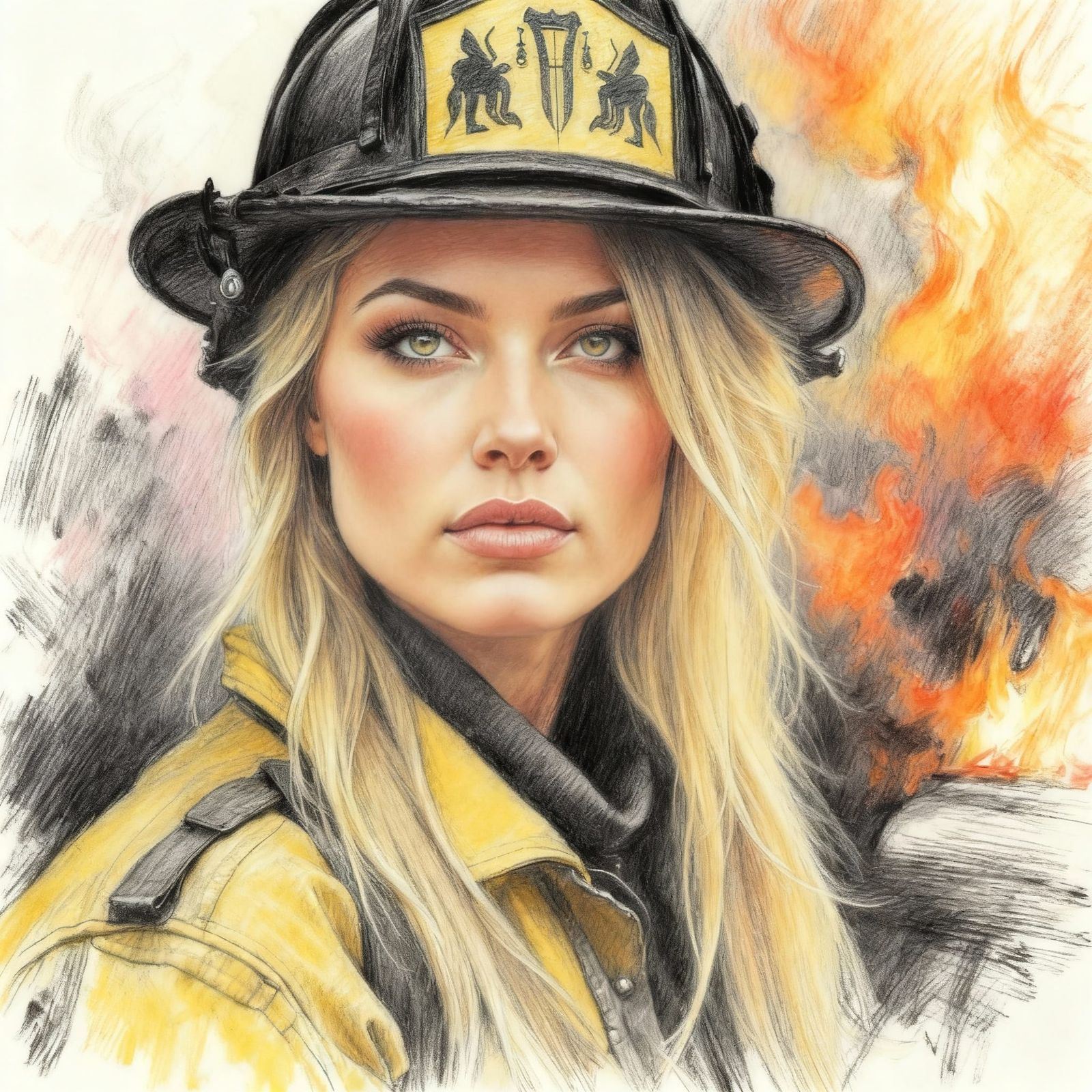 Female Firefighter in Uniform as Colored Charcoal Art