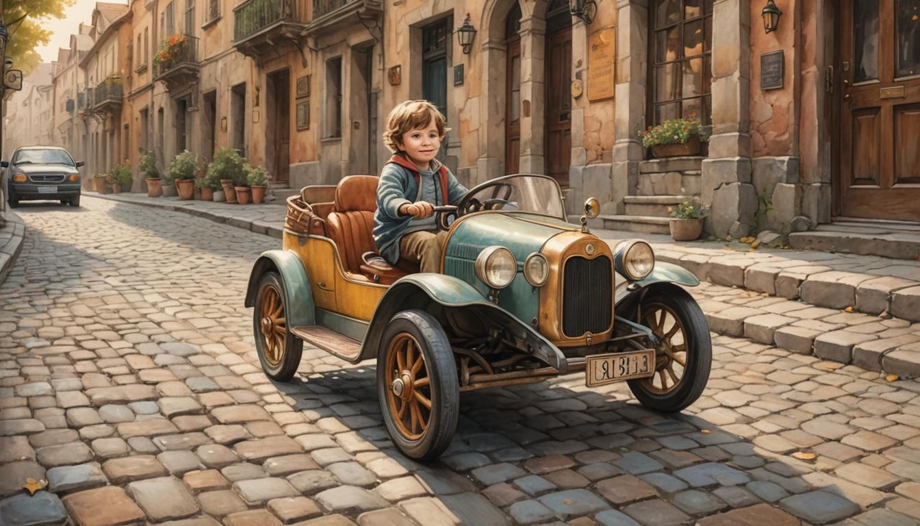 Child in Peddle Car: Pencil Art Illustration