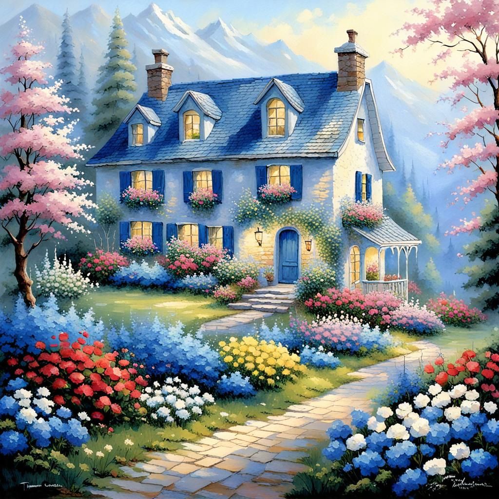 Enchanting Spring Garden with Cottage in Kinkade Style