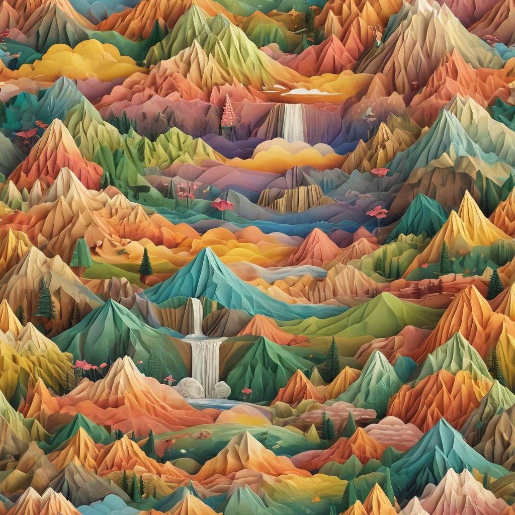 Papercraft Landscape with Rainbows at Sunset