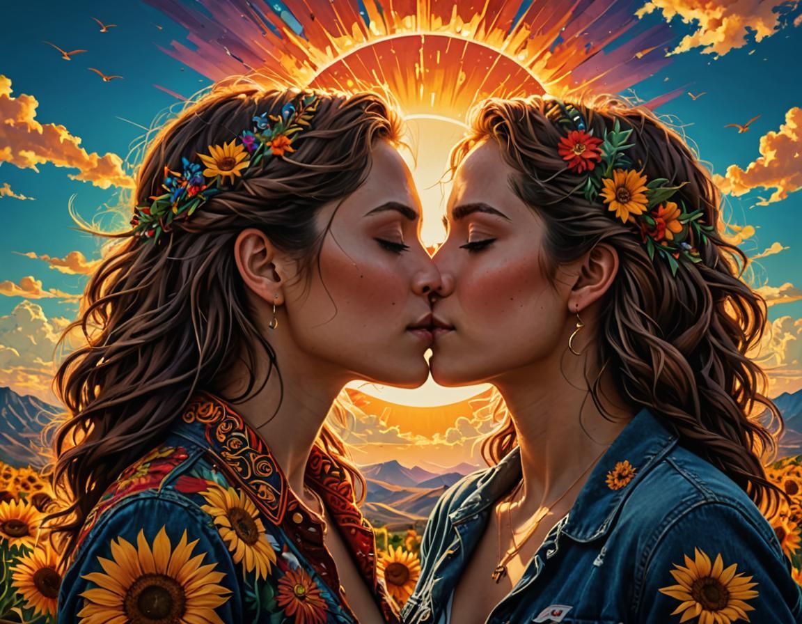Romantic Lesbian Couple Kissing Under Glorious Suns